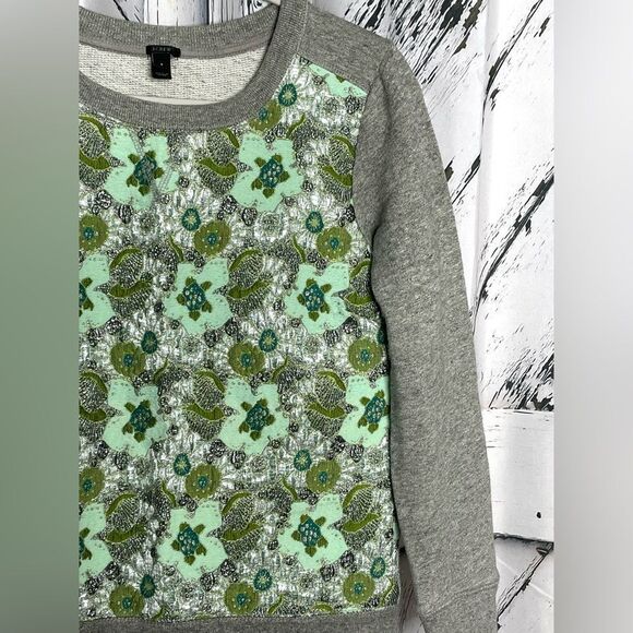 J Crew Gray Sweatshirt Green Brocade Wool Blend Crew S - Picture 2 of 6